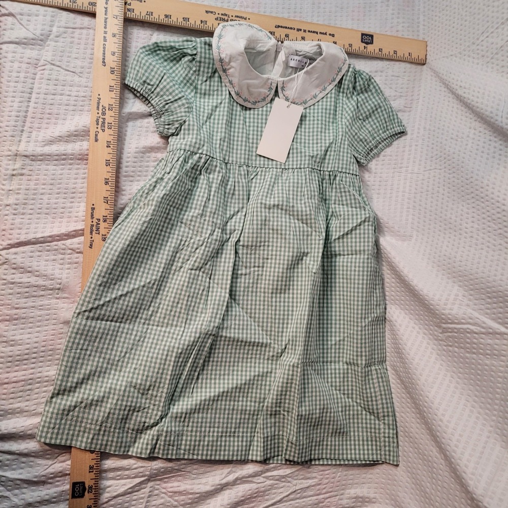 AS Collection Girls Green Gingham Dress Embroidered Peter Pan Collar Size 4 NWT